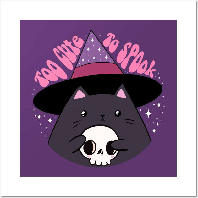 Too cute to spook cute halloween black cat holding a skull Wall Art by Yarafantasyart